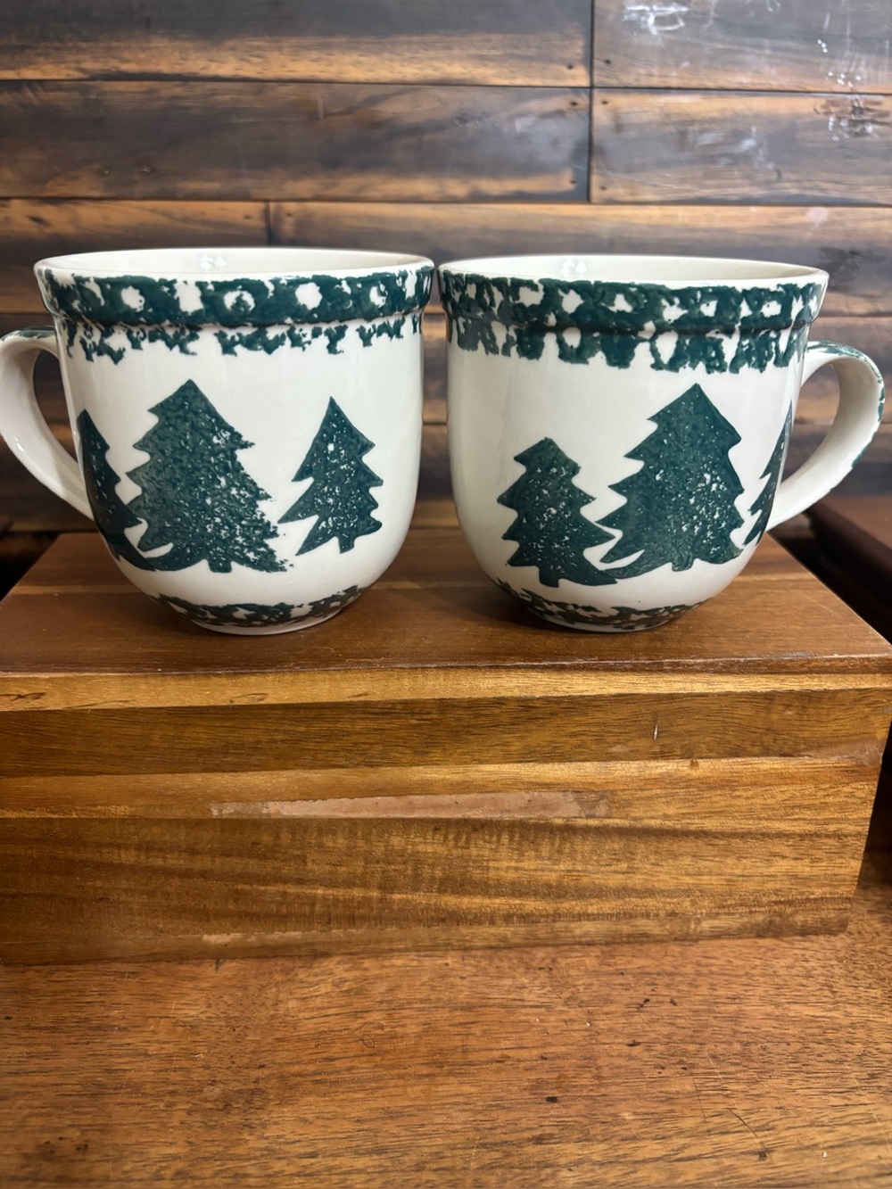 Vintage Tienshan Folk Craft Green Pine Tree Spongeware Mugs Set of 2, 12 ounces